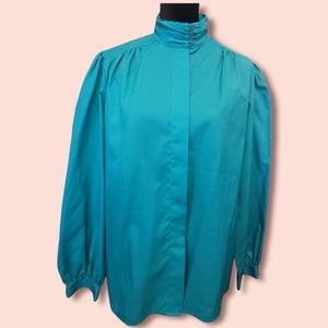 Vintage 1980s Ann Chabrol Teal Blouse w Stand Up Collar Size 16